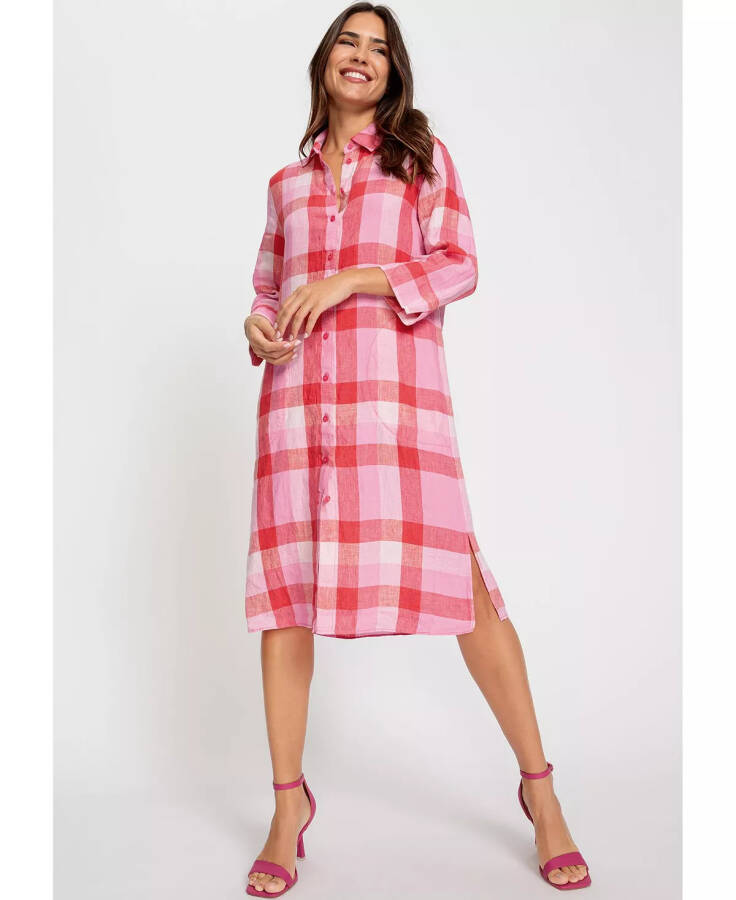 Women's 100% Linen Plaid Shirt Dress Paradise pink - 2