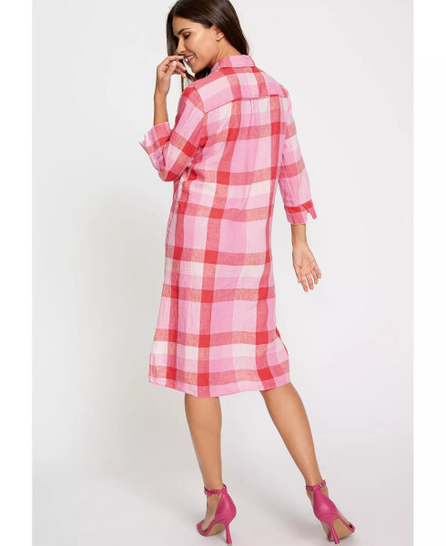 Women's 100% Linen Plaid Shirt Dress Paradise pink - 3