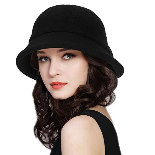 Womens 1920s Vintage Upturn Brim Wool Blend Cloche Church Hat Winter Felt Bucket Bowler Hat Crushable Foldable - 1