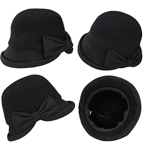 Womens 1920s Vintage Upturn Brim Wool Blend Cloche Church Hat Winter Felt Bucket Bowler Hat Crushable Foldable - 3