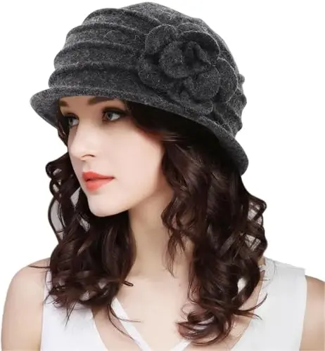 Womens 1920s Vintage Upturn Brim Wool Blend Cloche Church Hat Winter Felt Bucket Bowler Hat Crushable Foldable - WOMENS (1)