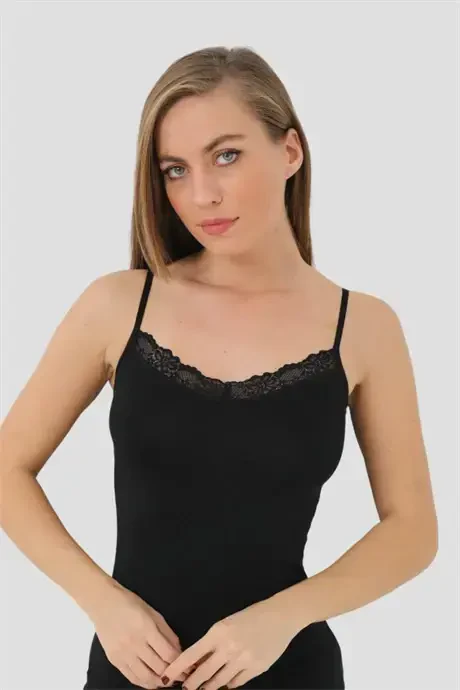 Women's 2-Pack Bamboo Black V Neck Lace Cami Strap Top - 2