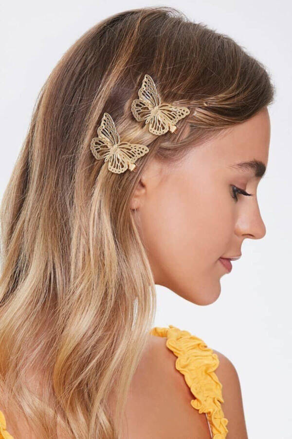 Women's 2-Piece Gold Metal Butterfly Hair Clip Set - 3