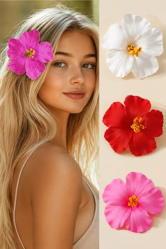 Kadın 3'lü Aloha Hibiskus Çiçeği Pens Yazlık Toka Seti - Çok Renkli - 1