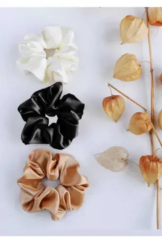 Women's 3-Piece Satin Hair Tie Set Tk001479-Black - 1