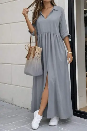 Women's 3/4 Sleeve V-Neck Slit Long Aerobin Dress - 1