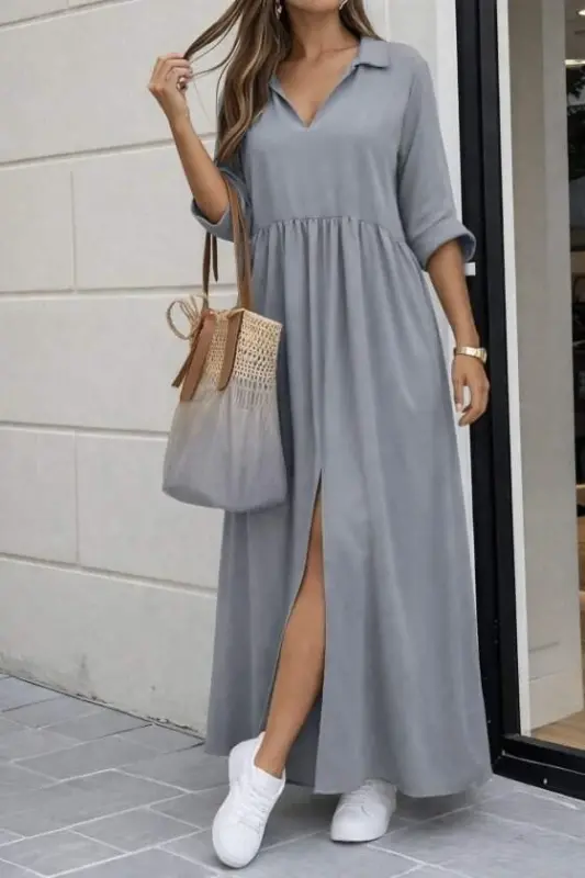 Women's 3/4 Sleeve V-Neck Slit Long Aerobin Dress - BÜYÜKBEDENIZ