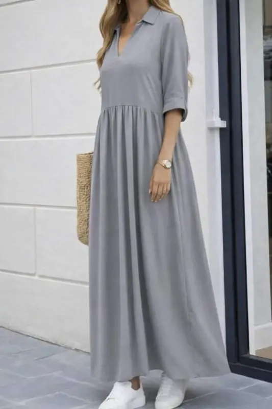 Women's 3/4 Sleeve V-Neck Slit Long Aerobin Dress - 2