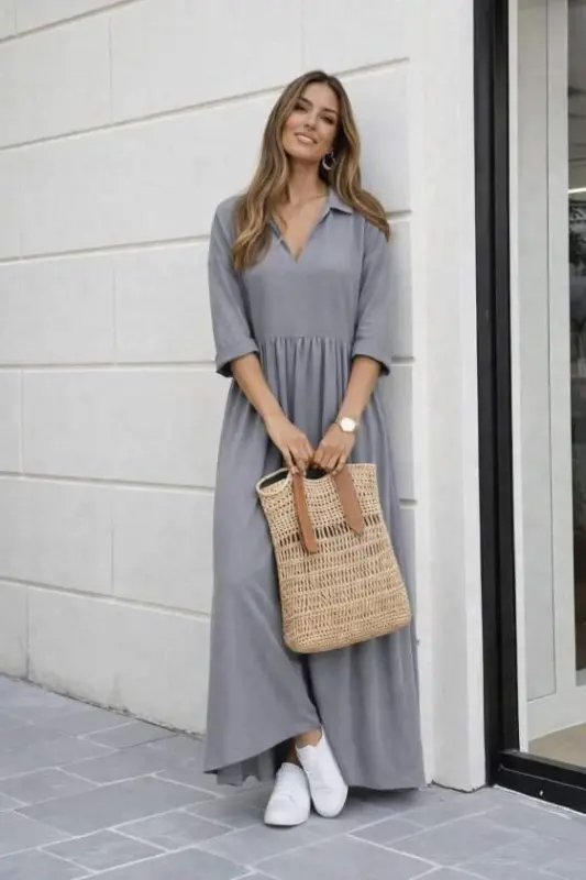 Women's 3/4 Sleeve V-Neck Slit Long Aerobin Dress - 3