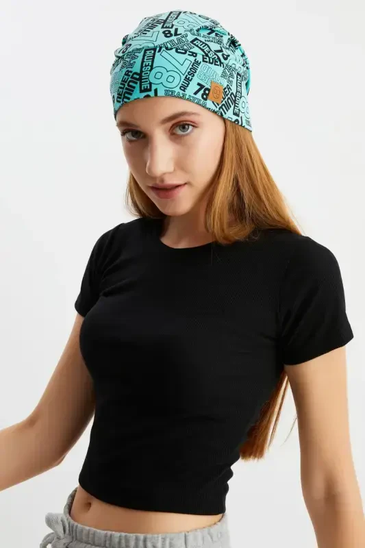 Women's 4 Seasons Cotton, Flexible, Ultra Soft Lightweight, Sweat-Proof, Yarn Detailed Knit Hat - Turquoise Pattern - 1