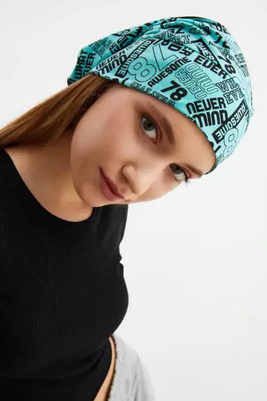 Women's 4 Seasons Cotton, Flexible, Ultra Soft Lightweight, Sweat-Proof, Yarn Detailed Knit Hat - Turquoise Pattern - 4
