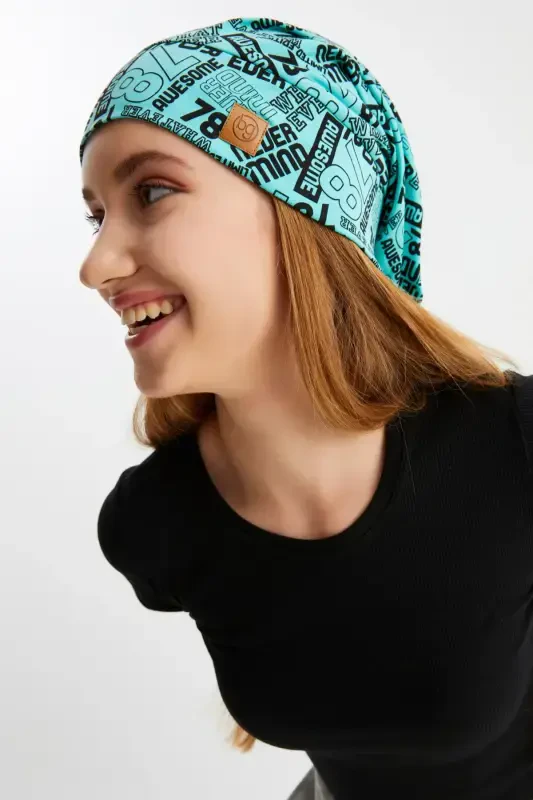 Women's 4 Seasons Cotton, Flexible, Ultra Soft Lightweight, Sweat-Proof, Yarn Detailed Knit Hat - Turquoise Pattern - 6