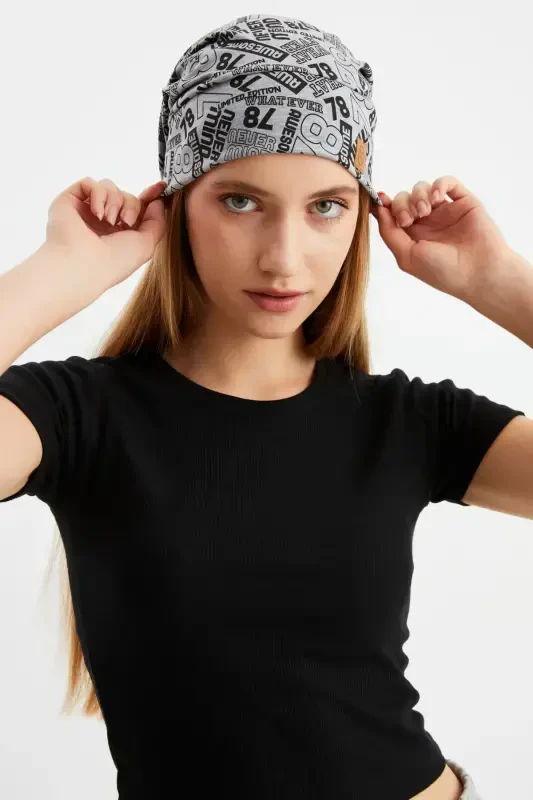 Women's 4 Seasons Cotton, Flexible, Ultra Soft Lightweight, Sweat-Proof, Yarn Detailed Knitted Hat-Gray Pattern - 3