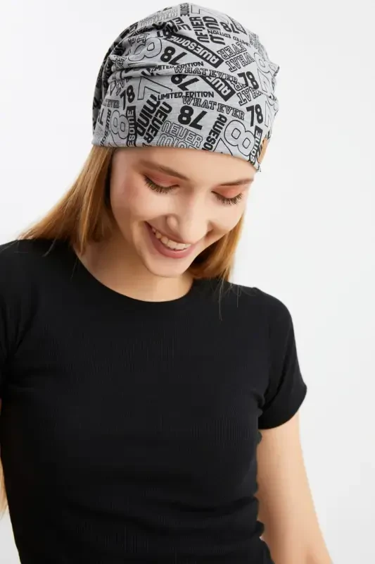 Women's 4 Seasons Cotton, Flexible, Ultra Soft Lightweight, Sweat-Proof, Yarn Detailed Knitted Hat-Gray Pattern - 8