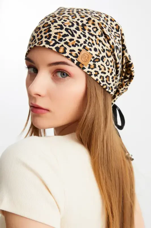 Women's 4 Seasons Cotton, Flexible, Ultra Soft Lightweight, Sweatproof, Yarn Detailed Knitted Hat-Leopard - BUTIKGIZ