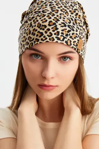 Women's 4 Seasons Cotton, Flexible, Ultra Soft Lightweight, Sweatproof, Yarn Detailed Knitted Hat-Leopard - BUTIKGIZ (1)
