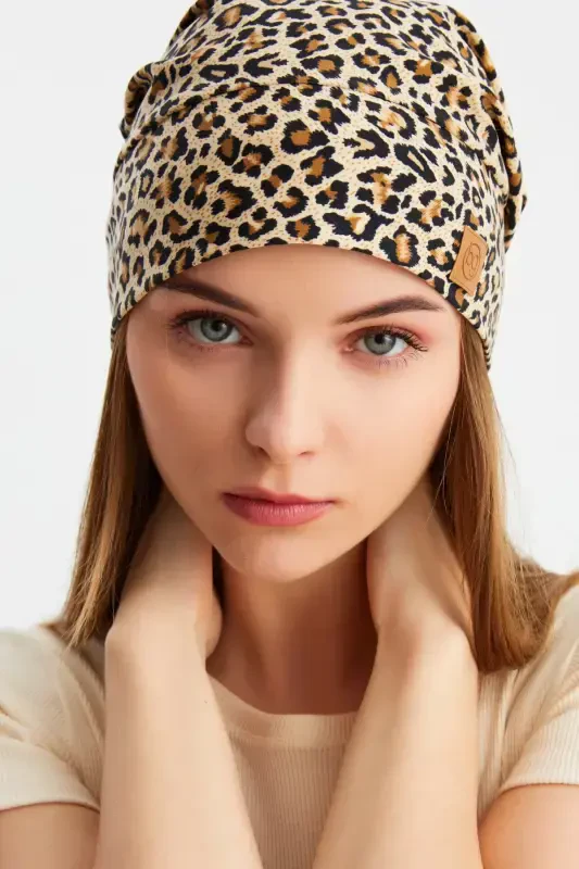 Women's 4 Seasons Cotton, Flexible, Ultra Soft Lightweight, Sweatproof, Yarn Detailed Knitted Hat-Leopard - 2