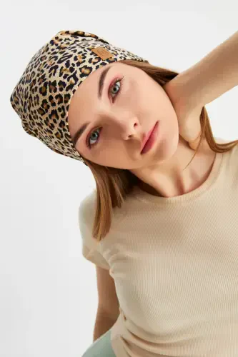 Women's 4 Seasons Cotton, Flexible, Ultra Soft Lightweight, Sweatproof, Yarn Detailed Knitted Hat-Leopard - 5