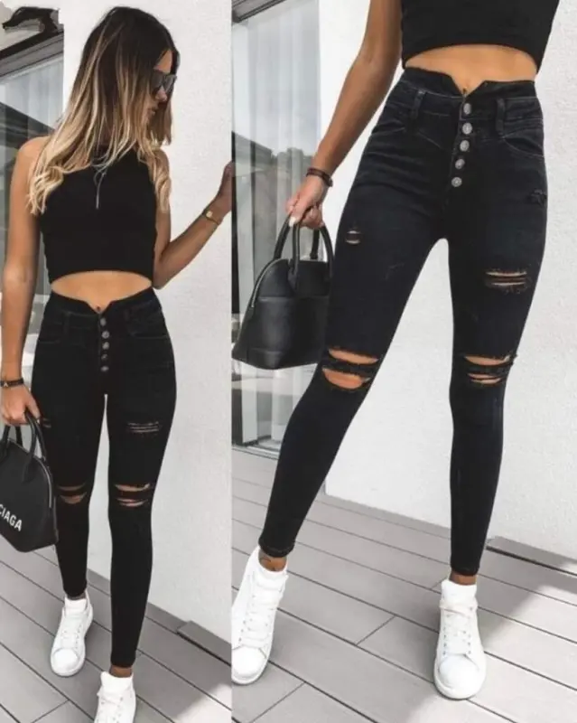 Women's 5 Button V Detail Distressed Waist Jeans - 1