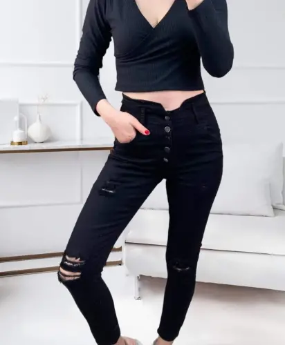 Women's 5 Button V Detail Distressed Waist Jeans - 2