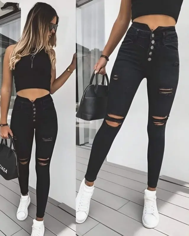 Women's 5 Button V Detail Distressed Waist Jeans - 3