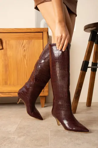 Women's 5 cm Heel Burgundy Croco Print Boot-Burgundy - 3