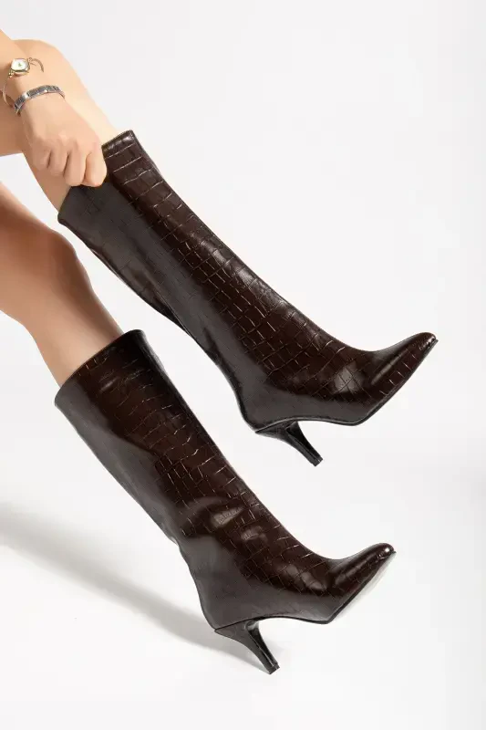 Women's 5 Cm Heel Crocodile Print Brown Boot-Brown - 2