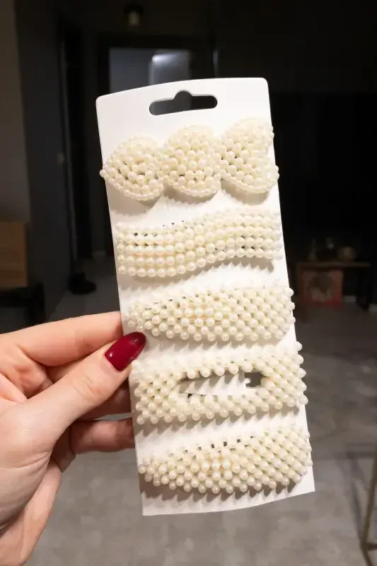 Women's 5-Piece Pearl Design Side Snap Hair Clip Set-Cream I - 1