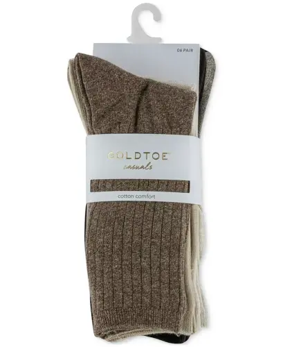 Women's 6-Pack Casual Ribbed Crew Socks-Khaki - GOLD TOE (1)