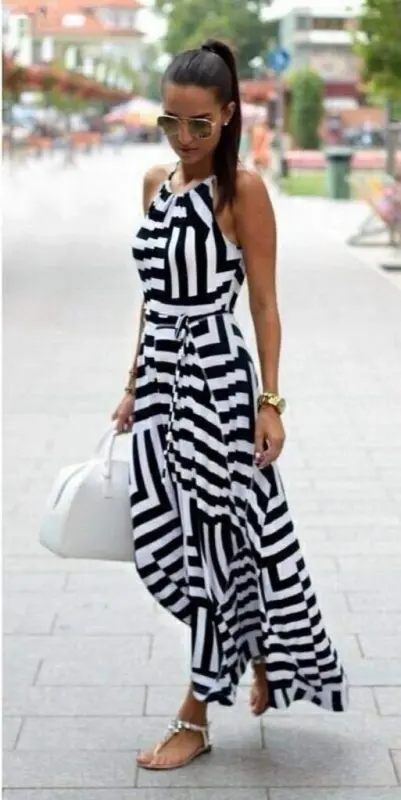 Women's Adjustable Strap Geometric Pattern Belted Smocked Supima Dress - 3