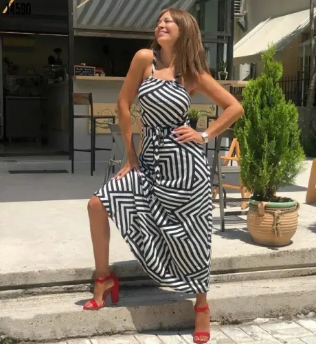 Women's Adjustable Strap Geometric Pattern Belted Smocked Supima Dress - 4