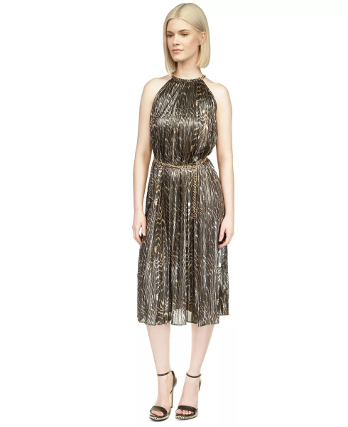 Women's Animal-Print Pleated Midi Dress Black & Gold - 1