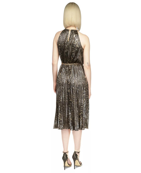 Women's Animal-Print Pleated Midi Dress Black & Gold - 2