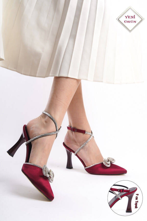 Womens Ankle Wrap Burgundy Satin Stone Embellished Bow Dress Shoes - 18