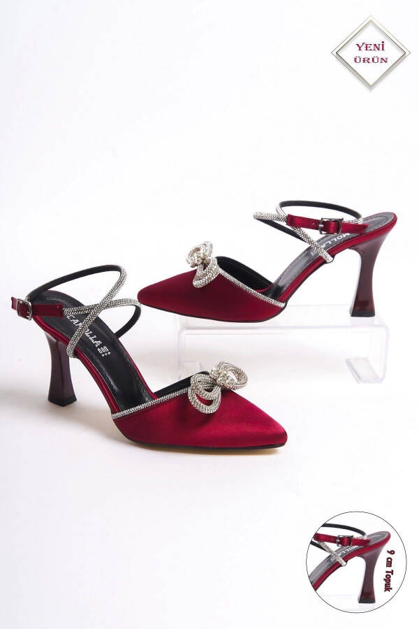 Womens Ankle Wrap Burgundy Satin Stone Embellished Bow Dress Shoes - 6