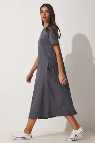 Women's Anthracite A-Line Summer Knitted Dress UB00060-Anthracite - 2