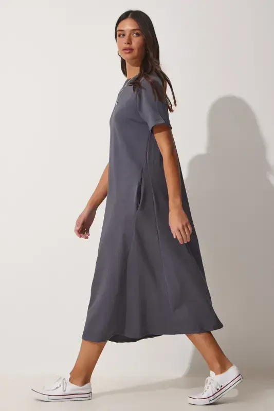 Women's Anthracite A-Line Summer Knitted Dress UB00060-Anthracite - 2