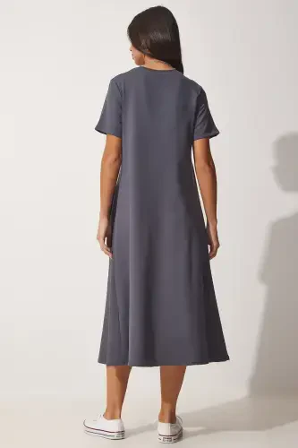 Women's Anthracite A-Line Summer Knitted Dress UB00060-Anthracite - 4