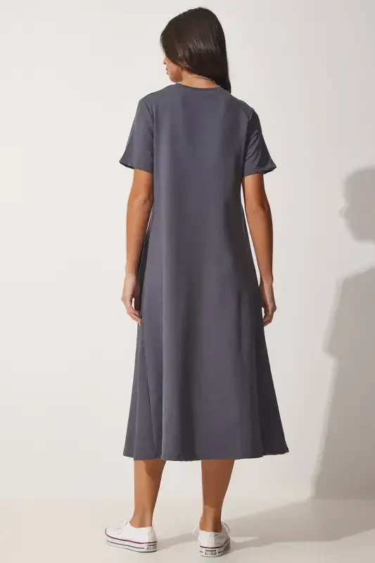 Women's Anthracite A-Line Summer Knitted Dress UB00060-Anthracite - 4