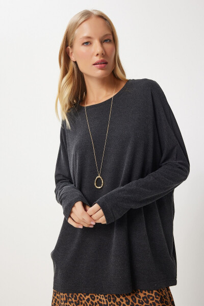 Women's Anthracite Bicycle Neck Batwing Sleeve Knitted Blouse EN00616 - HAPPINESS İSTANBUL