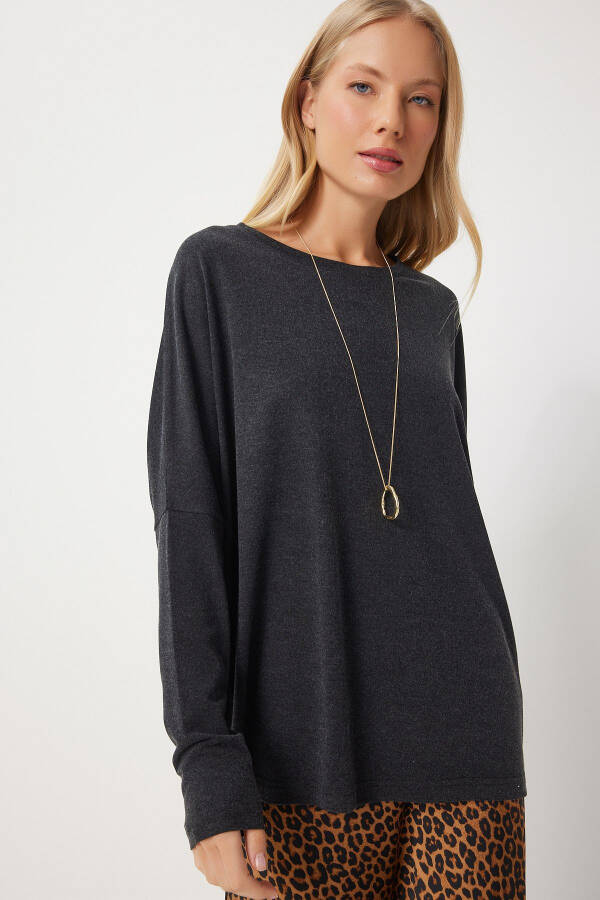 Women's Anthracite Bicycle Neck Batwing Sleeve Knitted Blouse EN00616 - 2