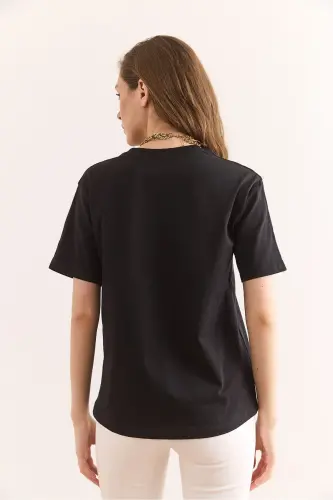 Women's Anthracite Bow Detailed Regular Fit 2 Rope T-shirt - 2