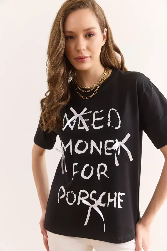 Women's Anthracite Bow Detailed Regular Fit 2 Rope T-shirt - 3
