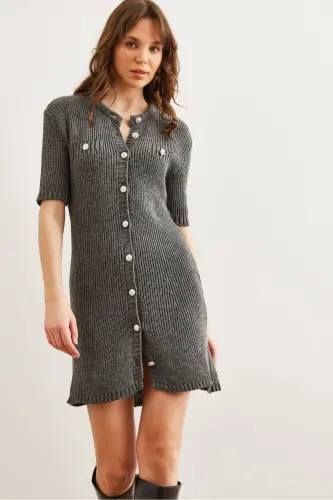 Women's Anthracite Buttoned Mini Knitted Dress ELB-19002 