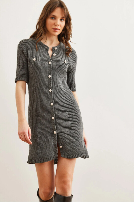 Women's Anthracite Buttoned Mini Knitted Dress ELB-19002 - OLALOOK