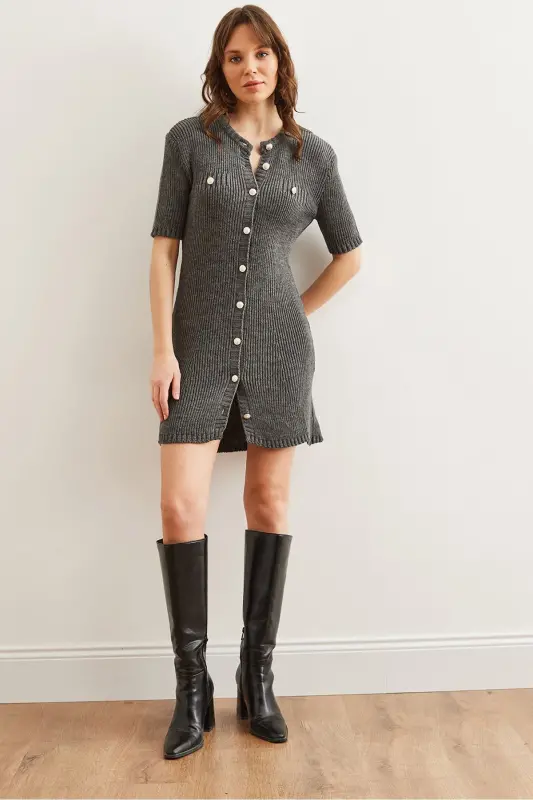 Women's Anthracite Buttoned Mini Knitted Dress ELB-19002 - 2
