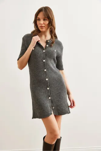 Women's Anthracite Buttoned Mini Knitted Dress ELB-19002 - 3