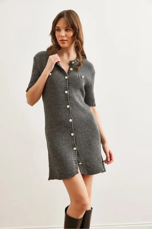 Women's Anthracite Buttoned Mini Knitted Dress ELB-19002 - 3