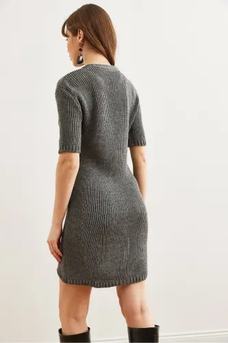 Women's Anthracite Buttoned Mini Knitted Dress ELB-19002 - 4