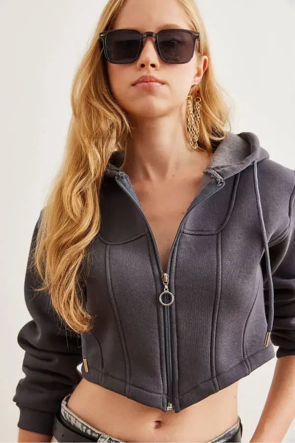 Women's Anthracite Corset Detail Hood Thistle Crop Sweatshirt SWT-19000657 - 1